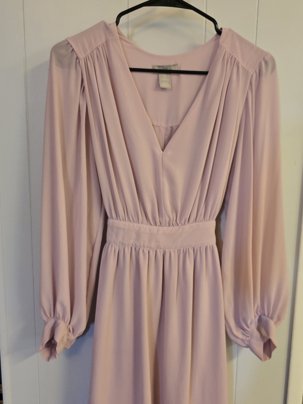 H&M Pale Pink V-Neck Long Sleeve Pleated Waist Midi Dress